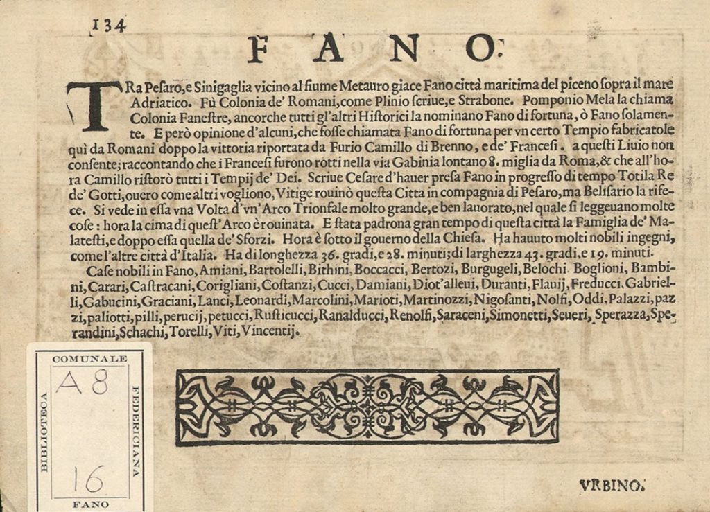 Pietro Bertelli. Pianta prospettica di Fano (retro) - Biblioteca Federiciana di Fano