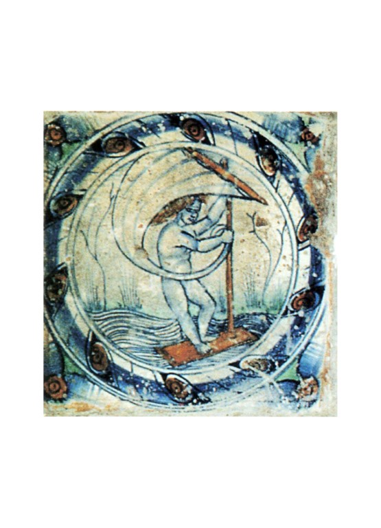 Mattonella maiolicata con l'immagine della Dea Fortuna