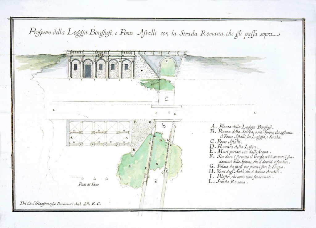 Gianfrancesco Buonamici. Prospetto della Loggia Borghese e del Ponte Astalli - Biblioteca Federiciana di Fano