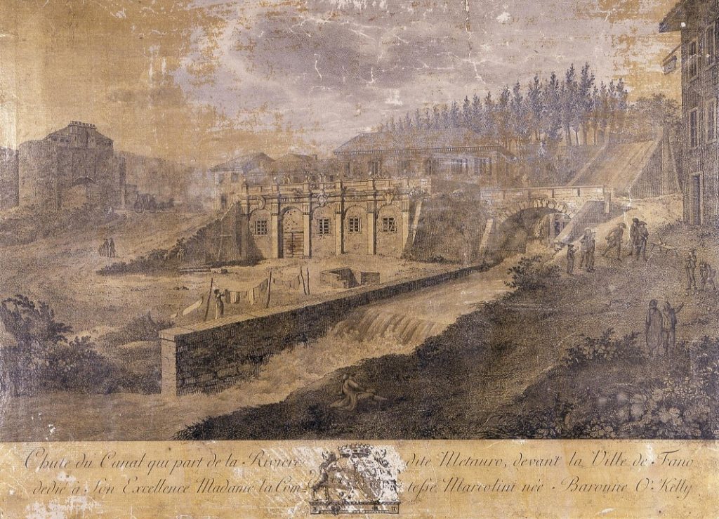 Heinrich F. Laurin. Veduta della Darsena del porto Borghese con la cascata della Liscia - Biblioteca Federiciana di Fano