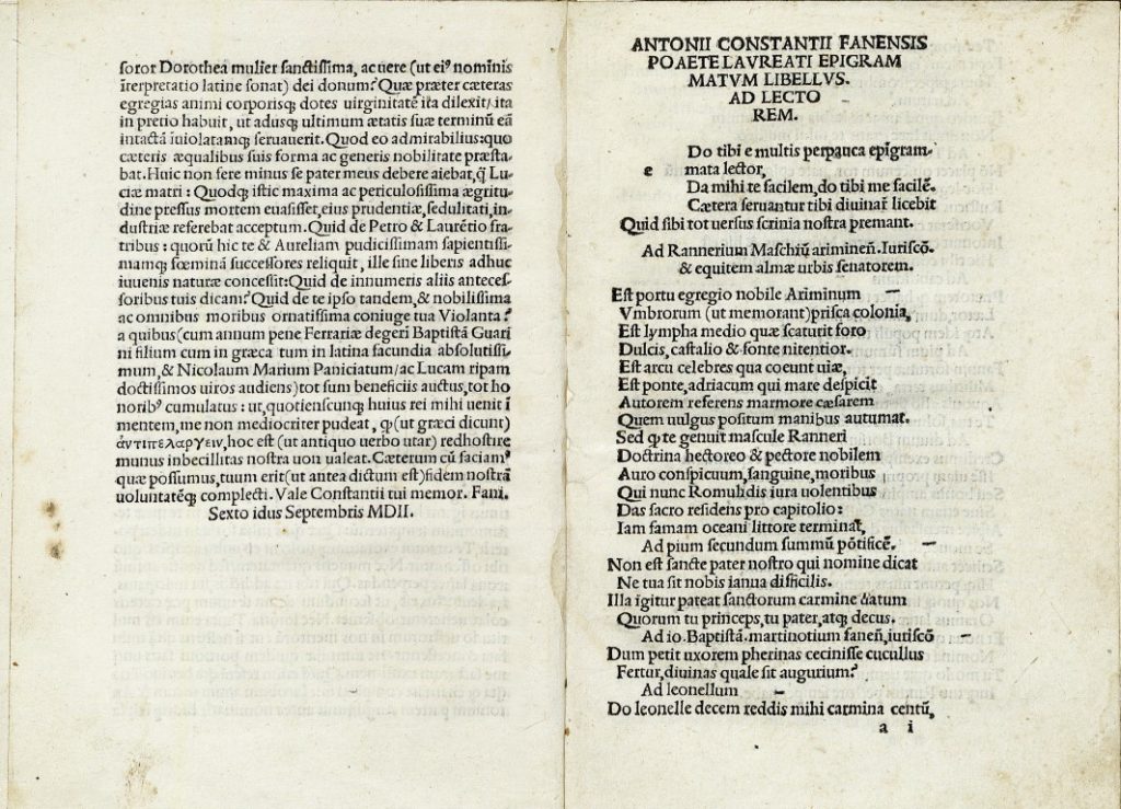 Antonio Costanzi. Epigrammatum libellus - Biblioteca Federiciana di Fano