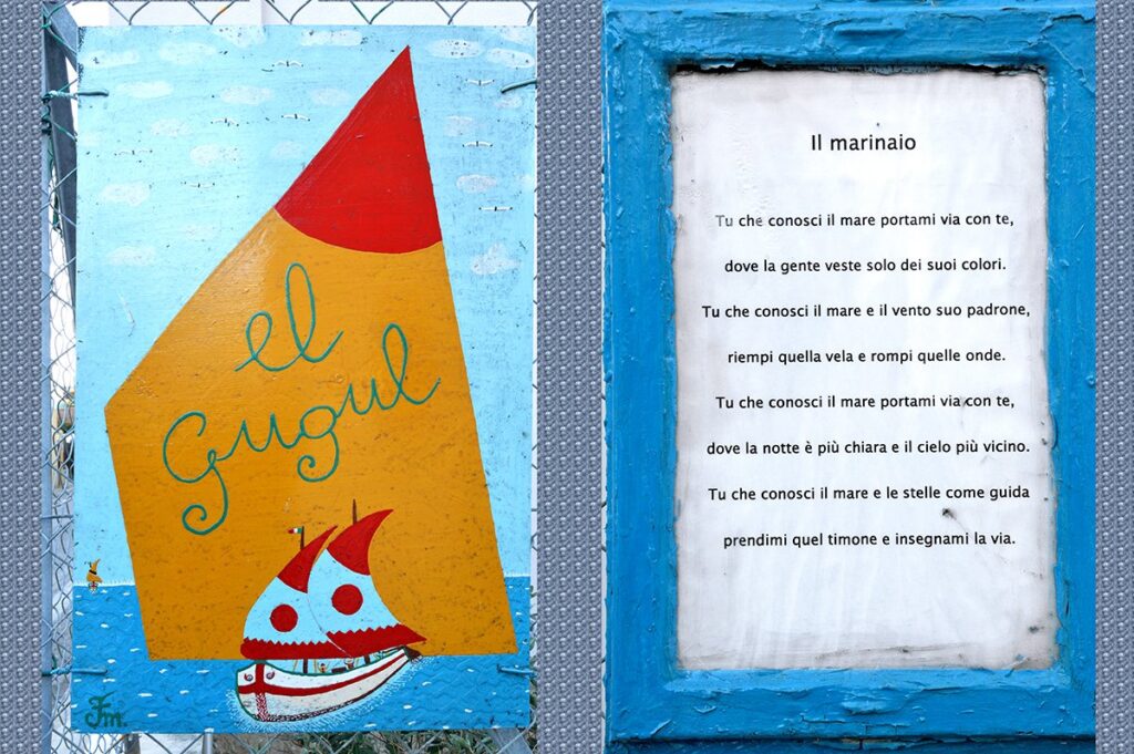 Disegno con vela al terzo (o da trabaccolo) e poesia "Il marinaio"